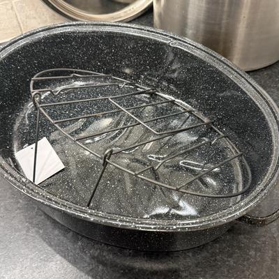 LOT 249K: Bodum Wok, Stainless Steel Stock Pot, Enamel Meat Dish & More