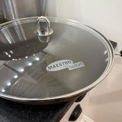 LOT 249K: Bodum Wok, Stainless Steel Stock Pot, Enamel Meat Dish & More