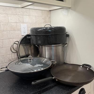 LOT 249K: Bodum Wok, Stainless Steel Stock Pot, Enamel Meat Dish & More