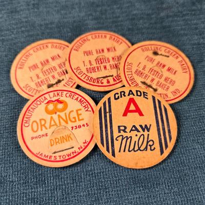Sale Photo Thumbnail #174: This auction lot is for a grouping of Antique Dairy Milk Bottle Caps. In thiw offer there are 5 Antique Dairy Milk Bottle Caps in very good condition  There are 3 Bowling Green Dairy caps, 1 Chautauqua Lake Creamery cap and a Grade A Raw Milk Cap. If you 