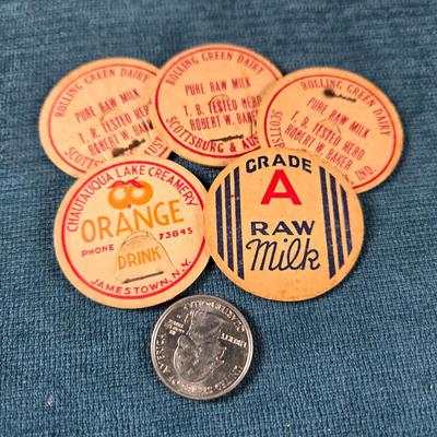 Sale Photo Thumbnail #175: This auction lot is for a grouping of Antique Dairy Milk Bottle Caps. In thiw offer there are 5 Antique Dairy Milk Bottle Caps in very good condition  There are 3 Bowling Green Dairy caps, 1 Chautauqua Lake Creamery cap and a Grade A Raw Milk Cap. If you 