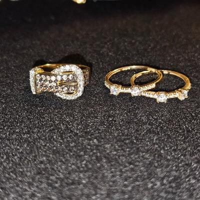 3 Diamond Ring Lot Gold Silver | Marked 14Kt on Buckle and 925 CZ on Double Rings
