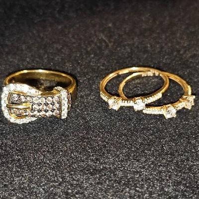 3 Diamond Ring Lot Gold Silver | Marked 14Kt on Buckle and 925 CZ on Double Rings
