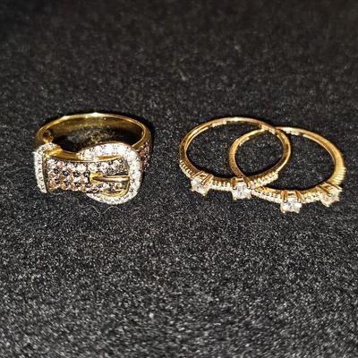 3 Diamond Ring Lot Gold Silver | Marked 14Kt on Buckle and 925 CZ on Double Rings