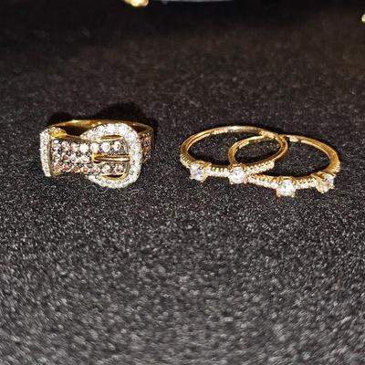 3 Diamond Ring Lot Gold Silver | Marked 14Kt on Buckle and 925 CZ on Double Rings