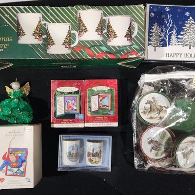 Sale Photo Thumbnail #345: Vintage Set of 4 Action Industries Christmas Tree Mugs w/Gold Trim & Vintage Christmas Ornaments Superman Lot