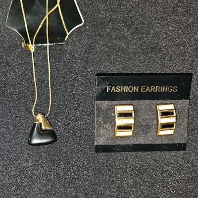 Trifari Black Lucite Necklace and Swarovski SAL Gold and Diamond Earrings