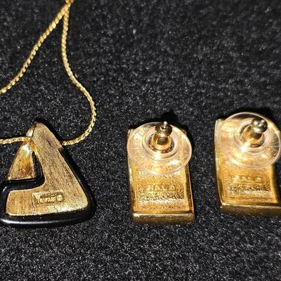 Trifari Black Lucite Necklace and Swarovski SAL Gold and Diamond Earrings