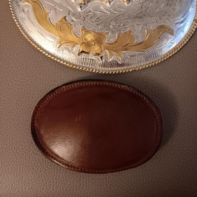 VERY LARGE RODEO AND TONY LAMA LEATHER BELT BUCKLES