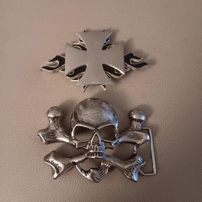 3D SKULL AND FLAME AND CROSS BIKER BELT BUCKLES