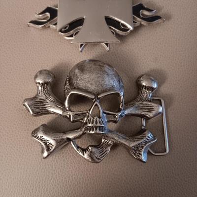 3D SKULL AND FLAME AND CROSS BIKER BELT BUCKLES