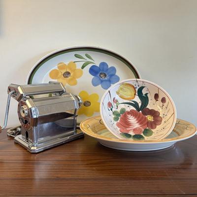 LOT 82: Urania Mod 150 Pasta Maker & Large Floral Ceramic Serving Bowls