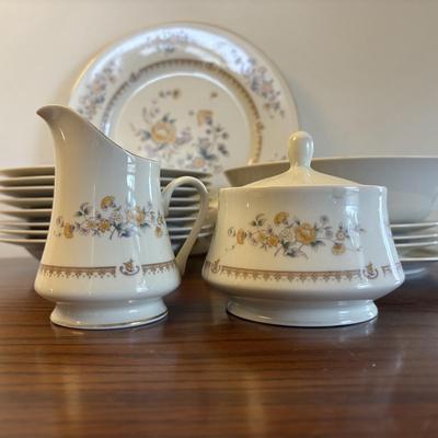 LOT 84: Mikasa Ivory China "Peony Rose" Various Pieces, Cystal Double Candle Sticks & Covered Candle Dish