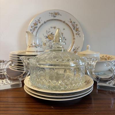 LOT 84: Mikasa Ivory China "Peony Rose" Various Pieces, Cystal Double Candle Sticks & Covered Candle Dish