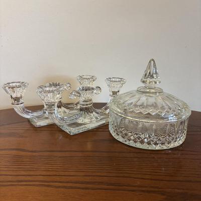 LOT 84: Mikasa Ivory China "Peony Rose" Various Pieces, Cystal Double Candle Sticks & Covered Candle Dish