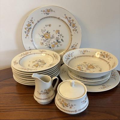 LOT 84: Mikasa Ivory China "Peony Rose" Various Pieces, Cystal Double Candle Sticks & Covered Candle Dish