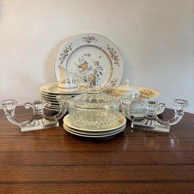 LOT 84: Mikasa Ivory China "Peony Rose" Various Pieces, Cystal Double Candle Sticks & Covered Candle Dish
