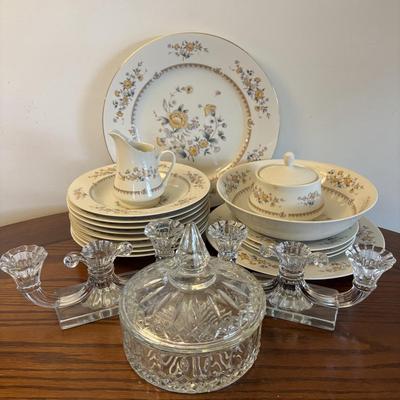 LOT 84: Mikasa Ivory China "Peony Rose" Various Pieces, Cystal Double Candle Sticks & Covered Candle Dish