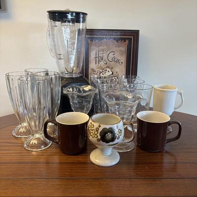 LOT 85: Oster Blender, Hand-Painted Mug,Polka Dot Beverage Glasses, Fountain ware Soda Glasses & More