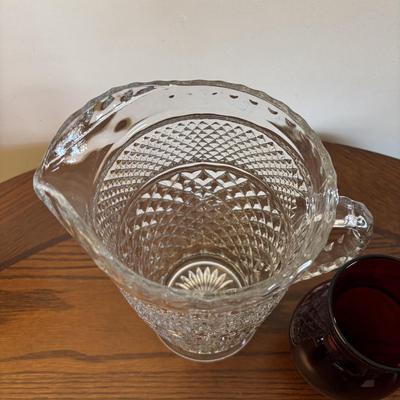 LOT 86: Vintage Anchor Hocking Ruby Red Beverage Glasses, 3-Different Sizes 4 each, Achor Hocking Wexford Pattern Pitcher and a Ruby Red...
