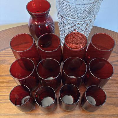 LOT 86: Vintage Anchor Hocking Ruby Red Beverage Glasses, 3-Different Sizes 4 each, Achor Hocking Wexford Pattern Pitcher and a Ruby Red...
