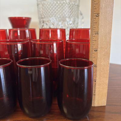 LOT 86: Vintage Anchor Hocking Ruby Red Beverage Glasses, 3-Different Sizes 4 each, Achor Hocking Wexford Pattern Pitcher and a Ruby Red...
