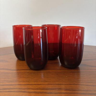 LOT 86: Vintage Anchor Hocking Ruby Red Beverage Glasses, 3-Different Sizes 4 each, Achor Hocking Wexford Pattern Pitcher and a Ruby Red...