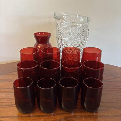 LOT 86: Vintage Anchor Hocking Ruby Red Beverage Glasses, 3-Different Sizes 4 each, Achor Hocking Wexford Pattern Pitcher and a Ruby Red...