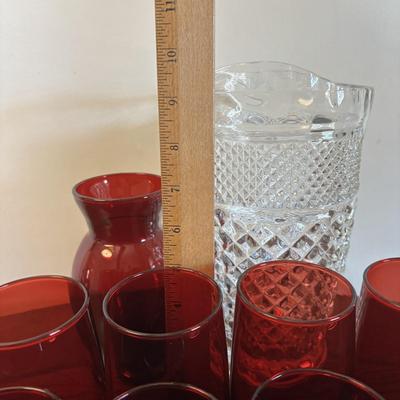 LOT 86: Vintage Anchor Hocking Ruby Red Beverage Glasses, 3-Different Sizes 4 each, Achor Hocking Wexford Pattern Pitcher and a Ruby Red...