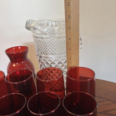 LOT 86: Vintage Anchor Hocking Ruby Red Beverage Glasses, 3-Different Sizes 4 each, Achor Hocking Wexford Pattern Pitcher and a Ruby Red...