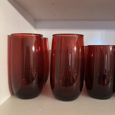 LOT 86: Vintage Anchor Hocking Ruby Red Beverage Glasses, 3-Different Sizes 4 each, Achor Hocking Wexford Pattern Pitcher and a Ruby Red...