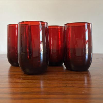 LOT 86: Vintage Anchor Hocking Ruby Red Beverage Glasses, 3-Different Sizes 4 each, Achor Hocking Wexford Pattern Pitcher and a Ruby Red...