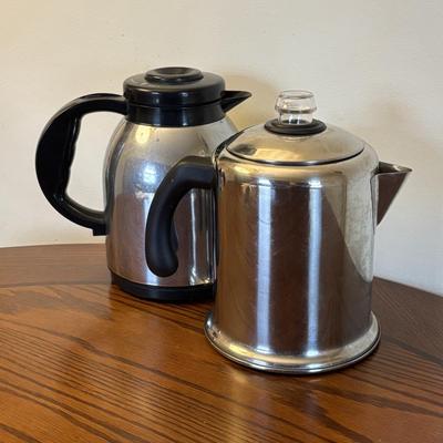 LOT 87: Kitchen Collection of Farberware Percolator Coffee Pot, Vintage Milk Glass Mug & Glass, Measuring Cups, Stainless Steel Bowls...