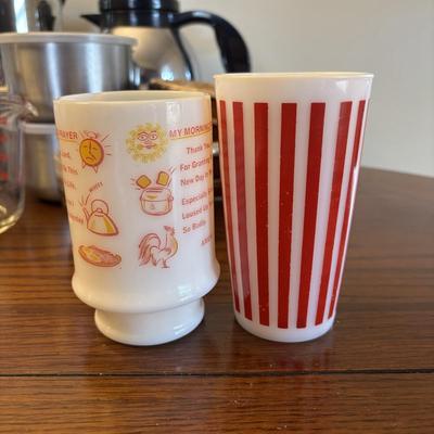 LOT 87: Kitchen Collection of Farberware Percolator Coffee Pot, Vintage Milk Glass Mug & Glass, Measuring Cups, Stainless Steel Bowls...