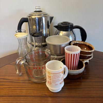 LOT 87: Kitchen Collection of Farberware Percolator Coffee Pot, Vintage Milk Glass Mug & Glass, Measuring Cups, Stainless Steel Bowls...