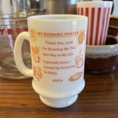 LOT 87: Kitchen Collection of Farberware Percolator Coffee Pot, Vintage Milk Glass Mug & Glass, Measuring Cups, Stainless Steel Bowls...