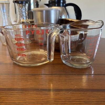 LOT 87: Kitchen Collection of Farberware Percolator Coffee Pot, Vintage Milk Glass Mug & Glass, Measuring Cups, Stainless Steel Bowls...