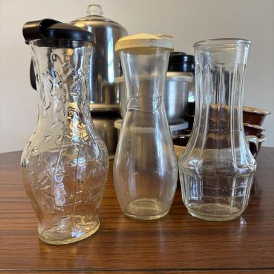 LOT 87: Kitchen Collection of Farberware Percolator Coffee Pot, Vintage Milk Glass Mug & Glass, Measuring Cups, Stainless Steel Bowls...