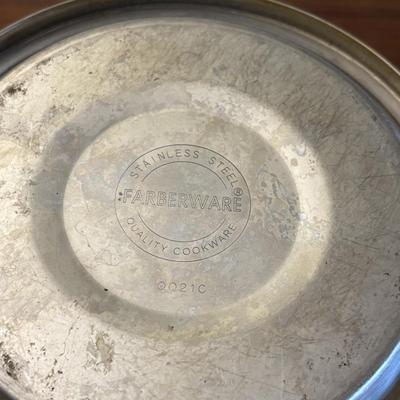 LOT 87: Kitchen Collection of Farberware Percolator Coffee Pot, Vintage Milk Glass Mug & Glass, Measuring Cups, Stainless Steel Bowls...