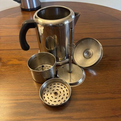 LOT 87: Kitchen Collection of Farberware Percolator Coffee Pot, Vintage Milk Glass Mug & Glass, Measuring Cups, Stainless Steel Bowls...