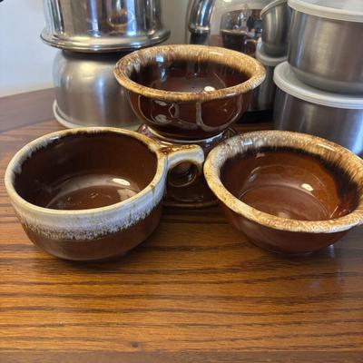 LOT 87: Kitchen Collection of Farberware Percolator Coffee Pot, Vintage Milk Glass Mug & Glass, Measuring Cups, Stainless Steel Bowls...