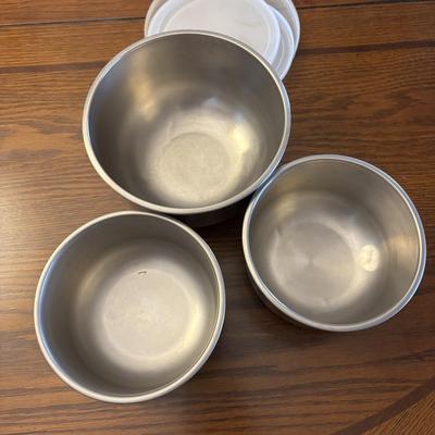 LOT 87: Kitchen Collection of Farberware Percolator Coffee Pot, Vintage Milk Glass Mug & Glass, Measuring Cups, Stainless Steel Bowls...