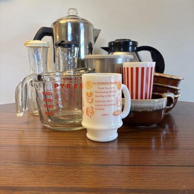 LOT 87: Kitchen Collection of Farberware Percolator Coffee Pot, Vintage Milk Glass Mug & Glass, Measuring Cups, Stainless Steel Bowls...
