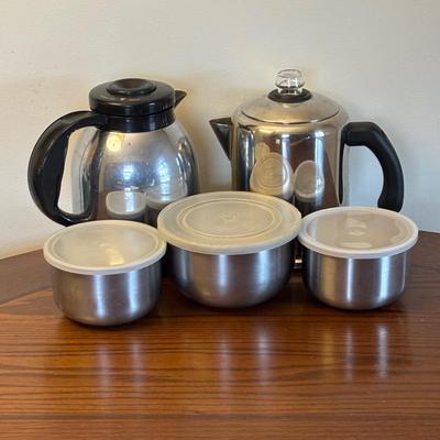 LOT 87: Kitchen Collection of Farberware Percolator Coffee Pot, Vintage Milk Glass Mug & Glass, Measuring Cups, Stainless Steel Bowls...