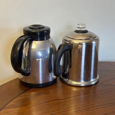 LOT 87: Kitchen Collection of Farberware Percolator Coffee Pot, Vintage Milk Glass Mug & Glass, Measuring Cups, Stainless Steel Bowls...