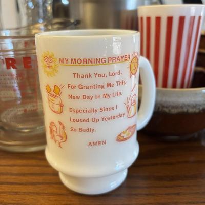 LOT 87: Kitchen Collection of Farberware Percolator Coffee Pot, Vintage Milk Glass Mug & Glass, Measuring Cups, Stainless Steel Bowls...