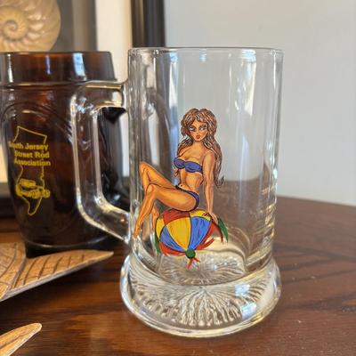 LOT 90: At the Beach Collection: a "Girly" Mug, Wildwood Glasses, Carved Wooden Sea Turtle & Framed Print of Nautilus Shell