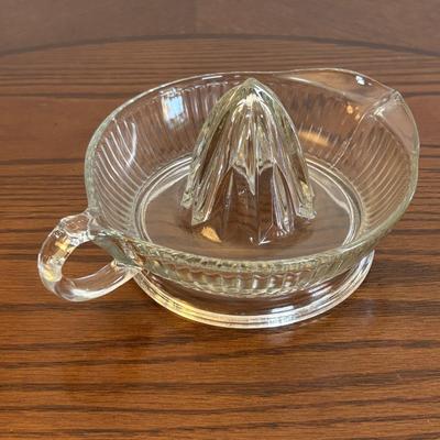 LOT 91: Vintage Hazel-Atlas Juicer, Spry Measuring Glass, Abbots Milk Bottle, Cobalt Blue Eye Cup, Carnival Glass Creamer, Hurricane Lamp...