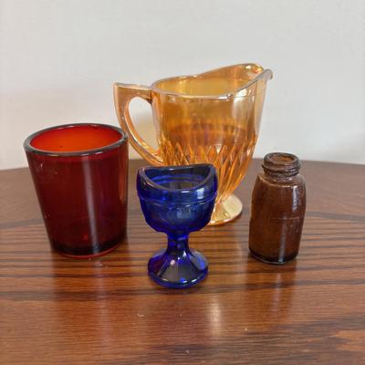 LOT 91: Vintage Hazel-Atlas Juicer, Spry Measuring Glass, Abbots Milk Bottle, Cobalt Blue Eye Cup, Carnival Glass Creamer, Hurricane Lamp...