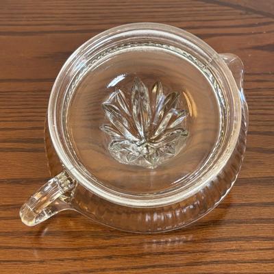 LOT 91: Vintage Hazel-Atlas Juicer, Spry Measuring Glass, Abbots Milk Bottle, Cobalt Blue Eye Cup, Carnival Glass Creamer, Hurricane Lamp...